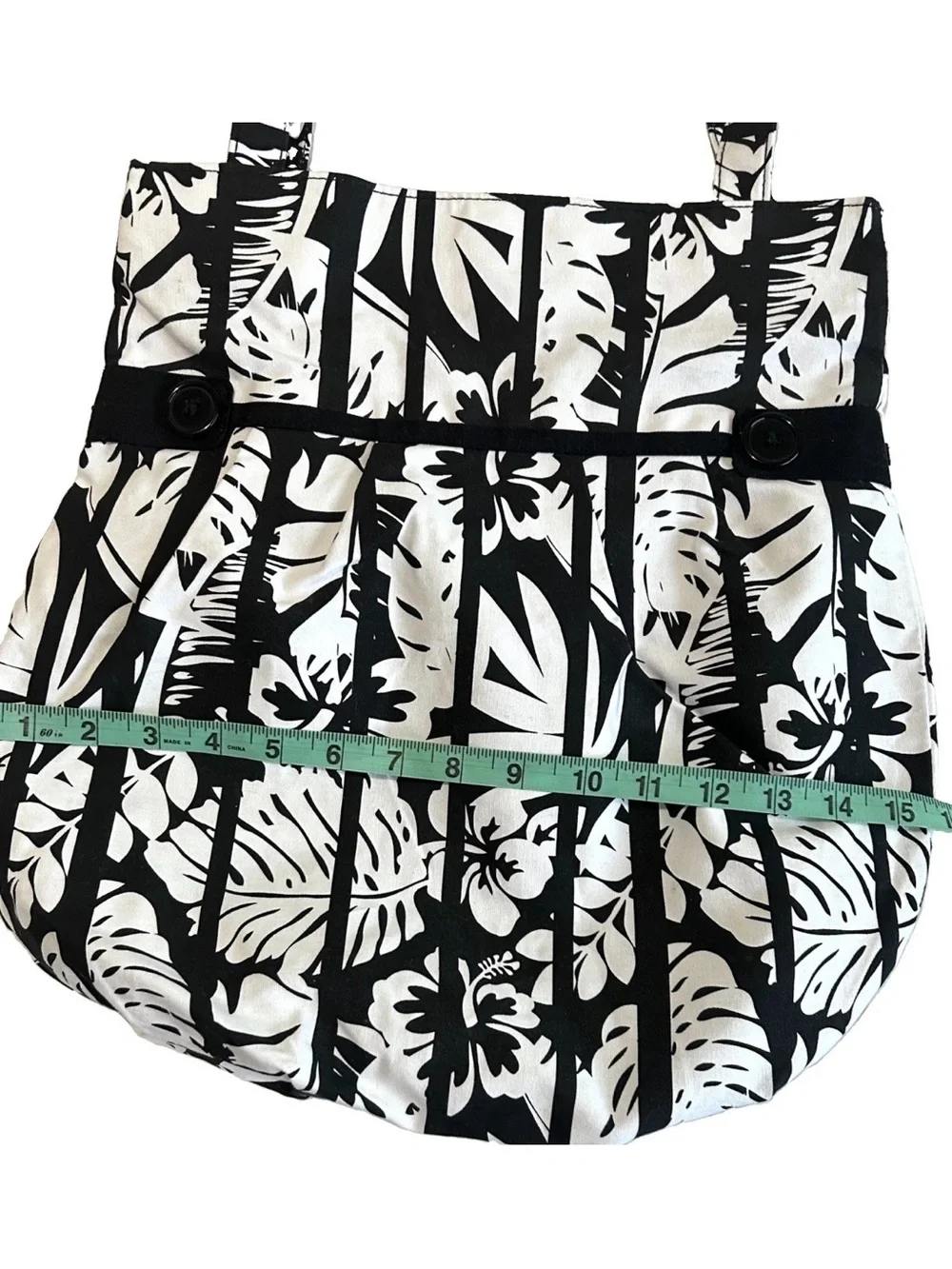 Woman Within Tropical Floral 100% Cotton Tote Black/White Button/Pleated Detail